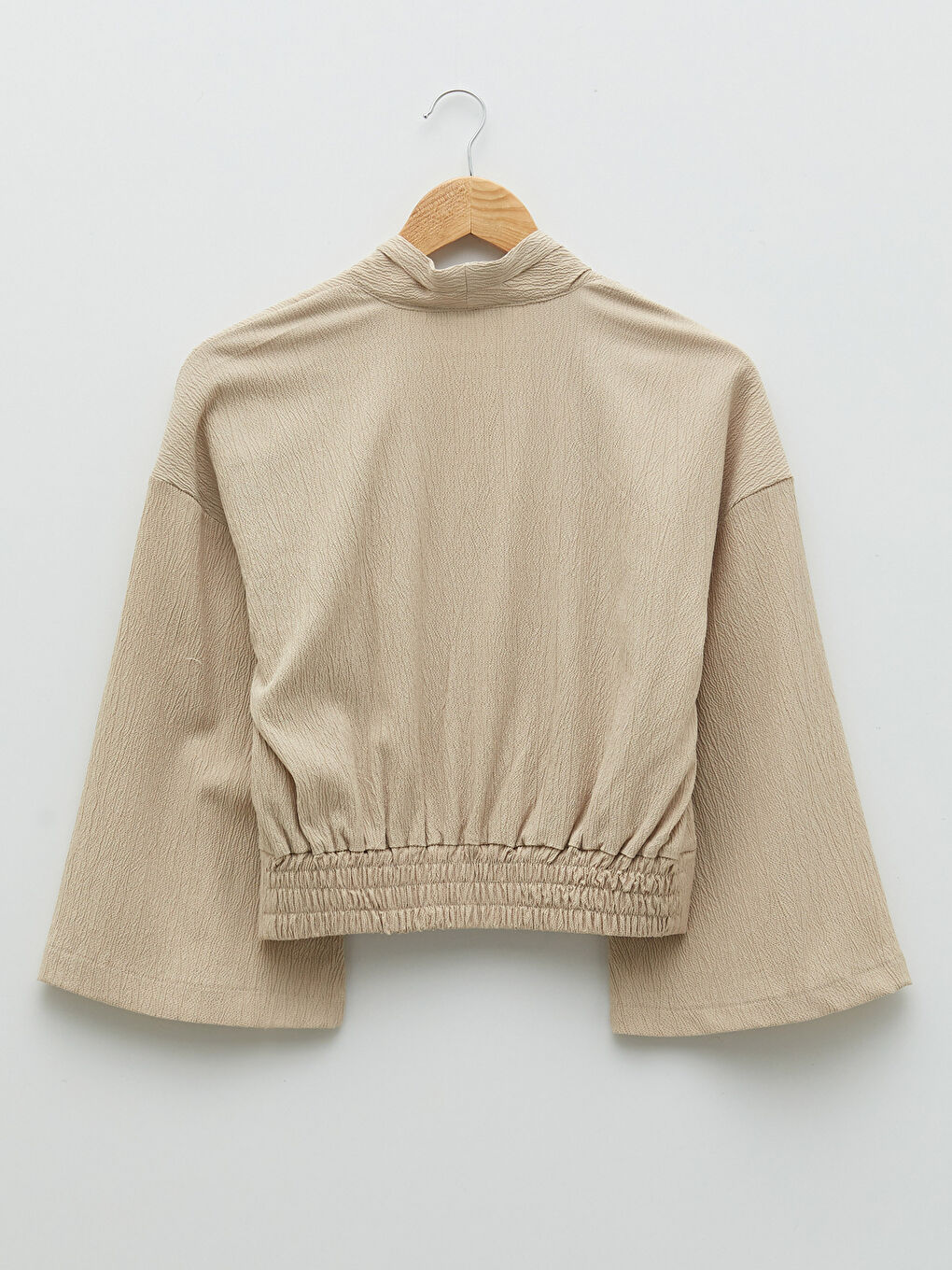 Bej V Yaka Düz Uzun Kollu Kadın Bluz-9