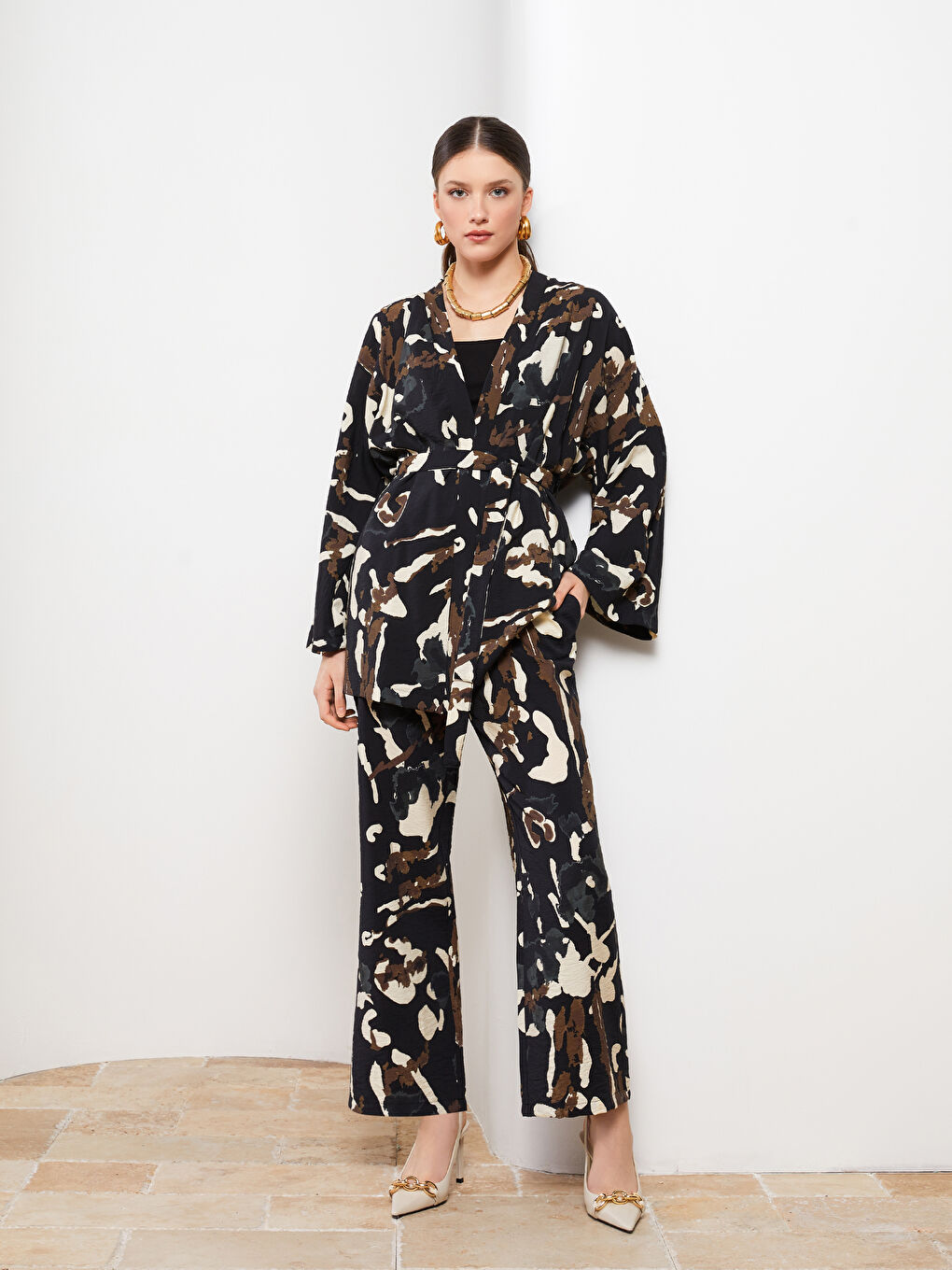 Shawl Collar Patterned Tie Detail Long Sleeve Women's Kimono