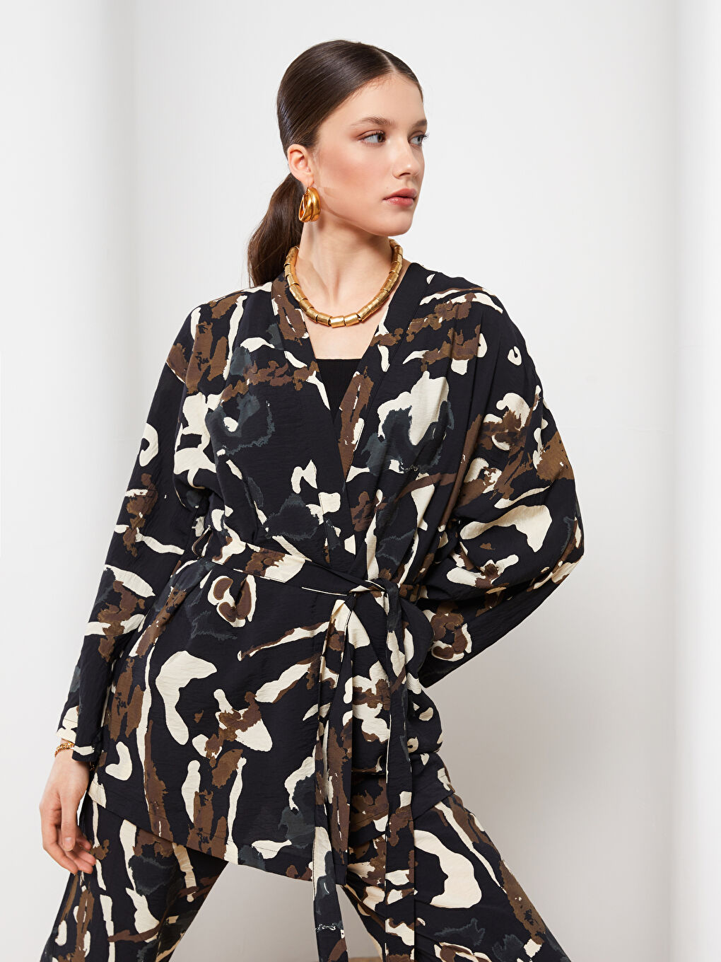 Shawl Collar Patterned Tie Detail Long Sleeve Women's Kimono-2