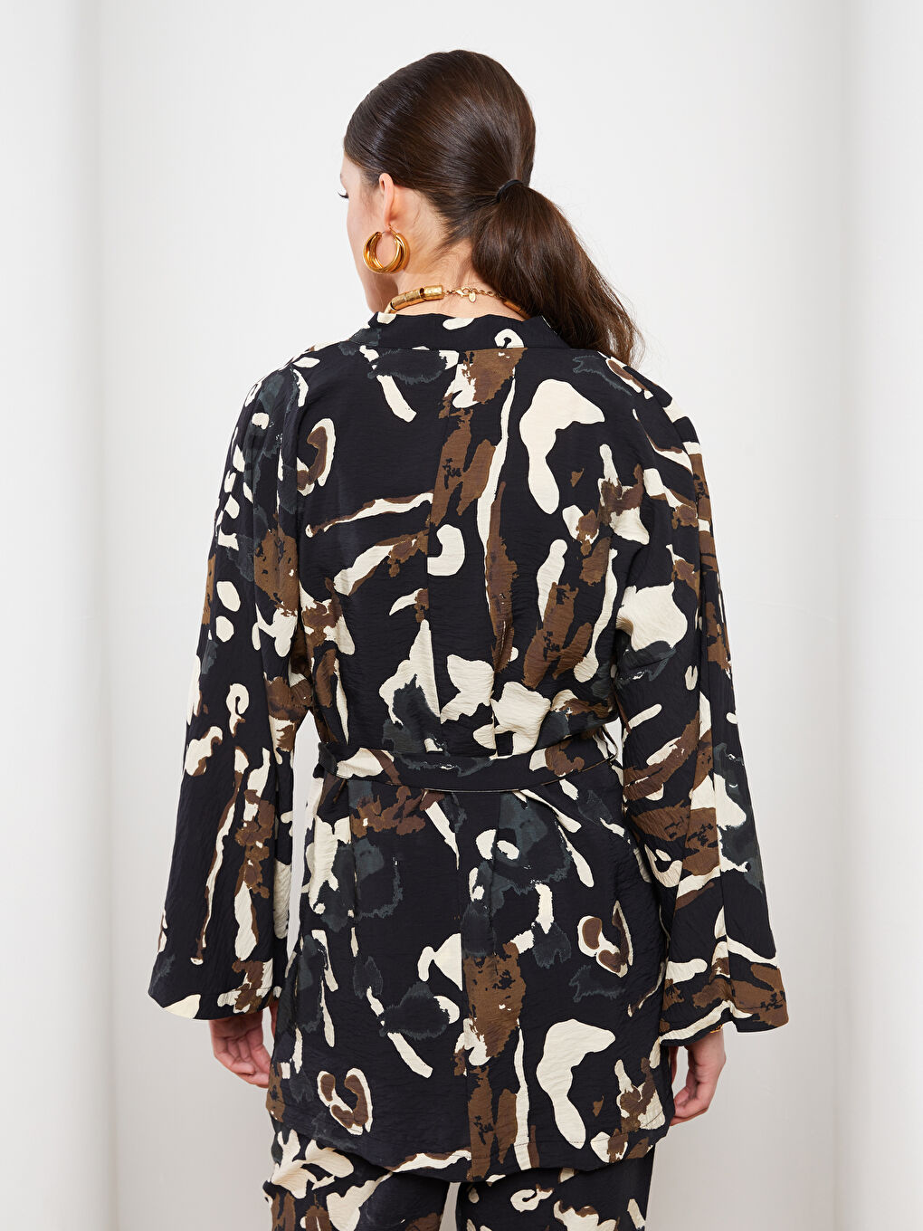 Shawl Collar Patterned Tie Detail Long Sleeve Women's Kimono-3