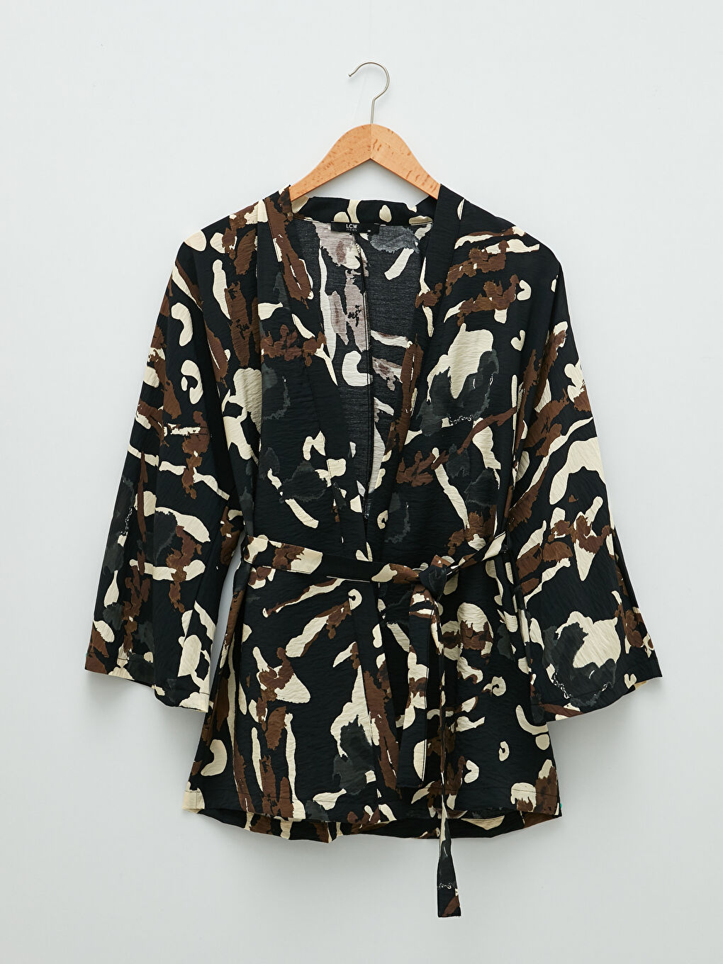 Shawl Collar Patterned Tie Detail Long Sleeve Women's Kimono-4