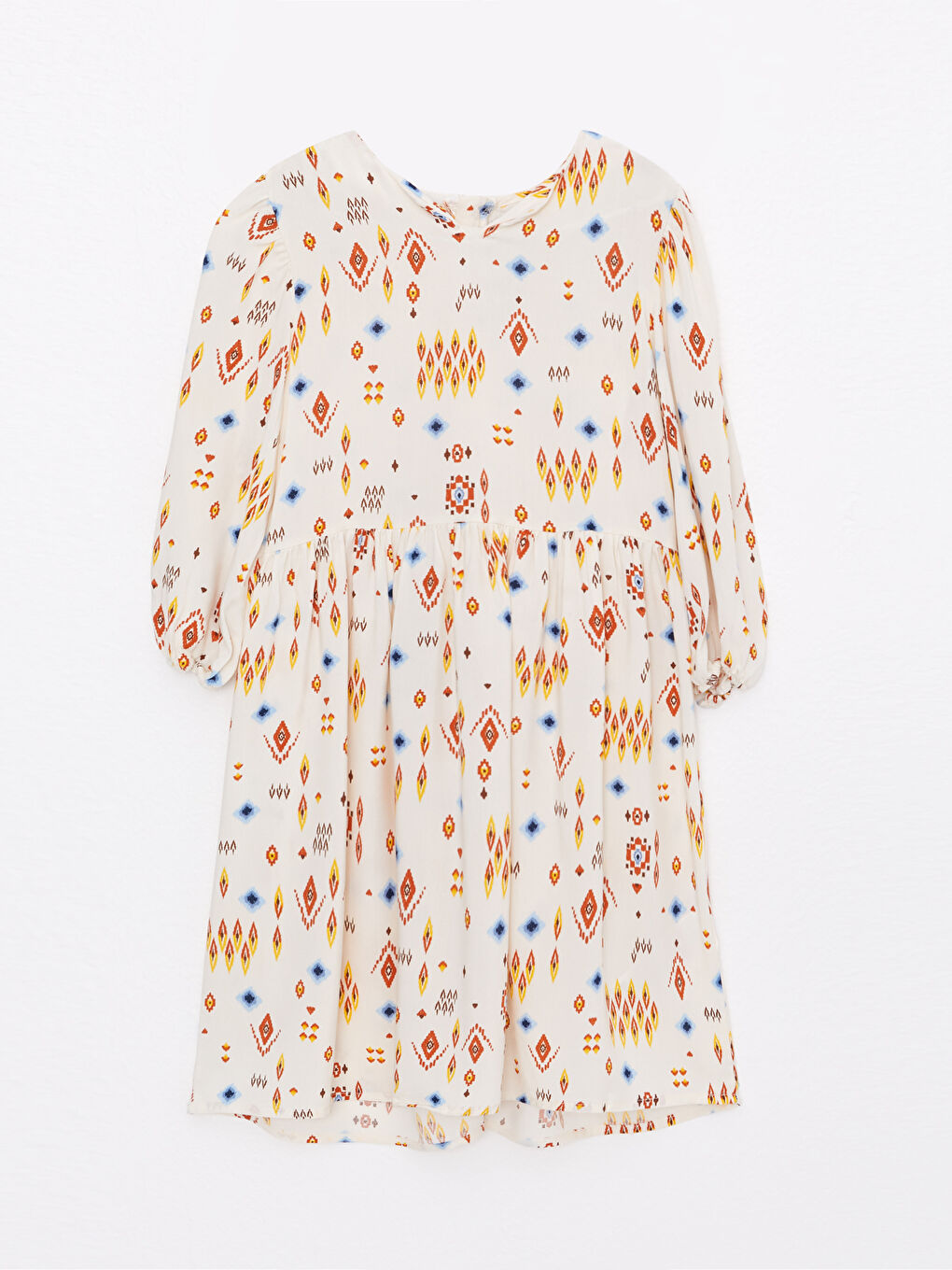 فستان للبنات بياقة دائرية منقوش كم طويل