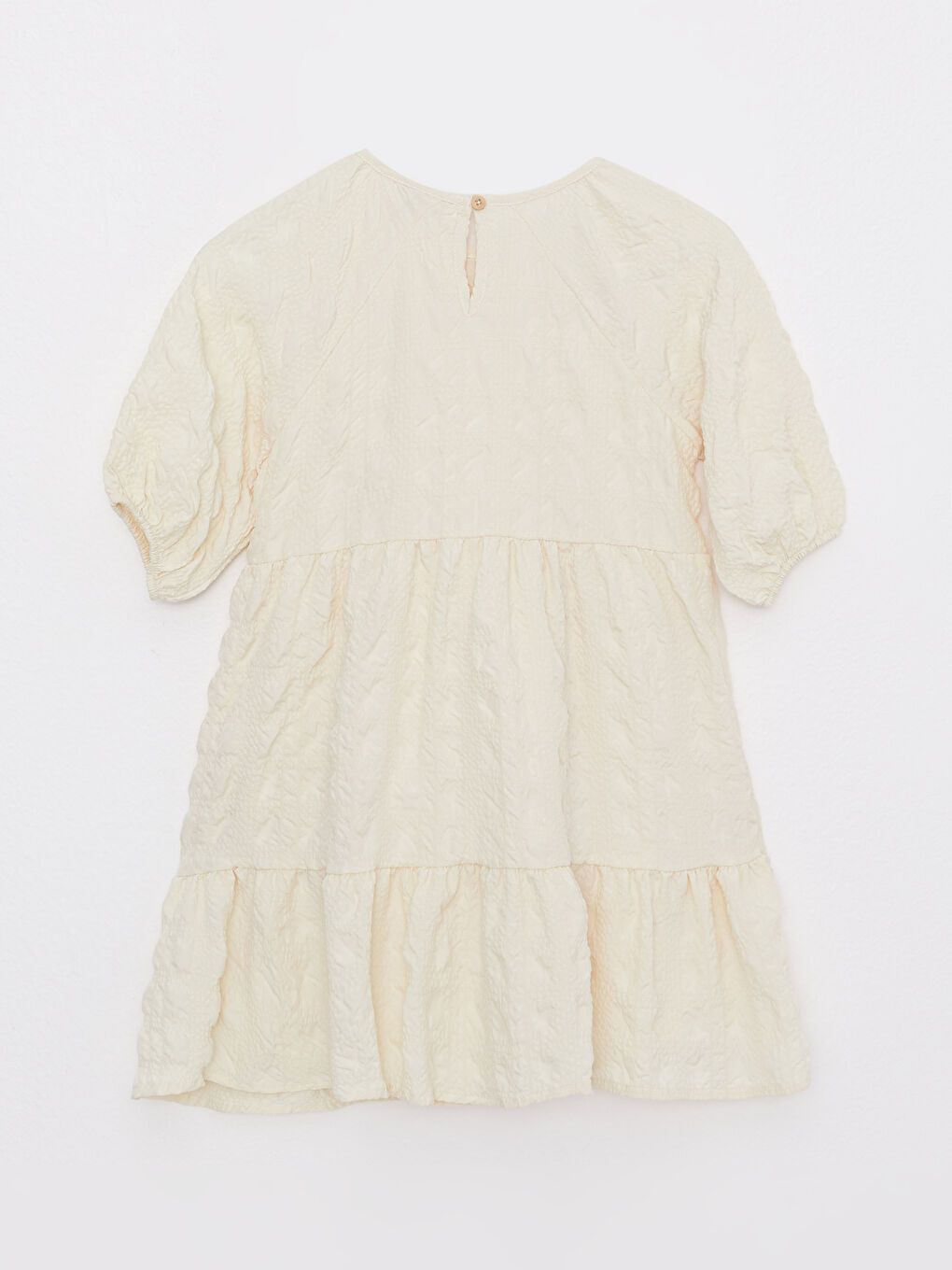 فستان للبنات بياقة دائرية بنقشة ذاتية وكم قصير-1