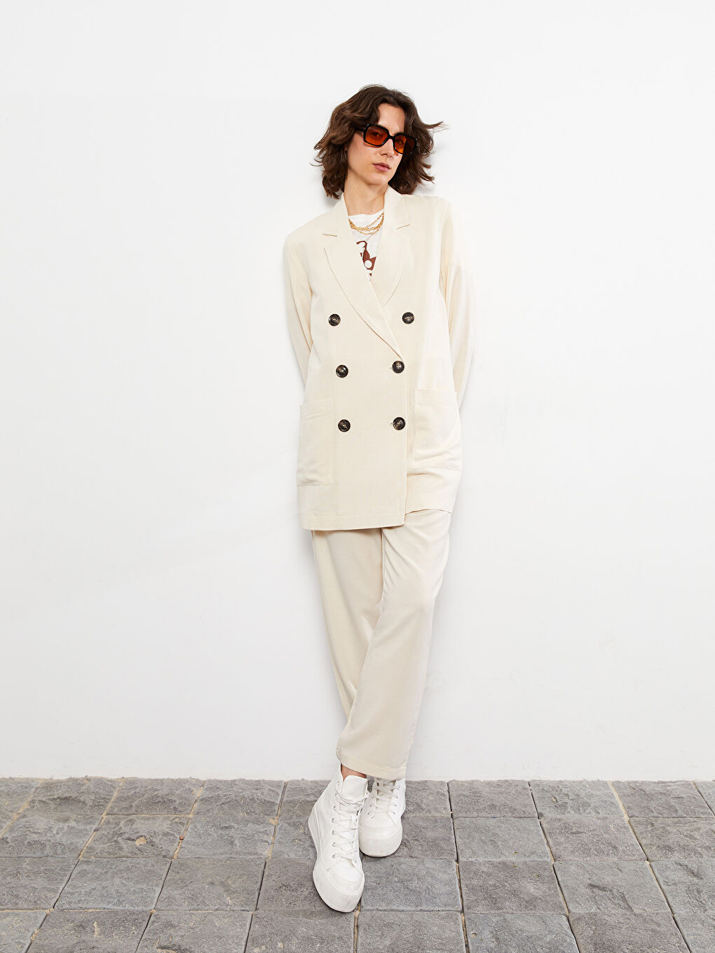 LC Waikiki Front Button Closure Straight Long Sleeve Linen Women's Blazer Jacket -S2HD52Z8-FWM