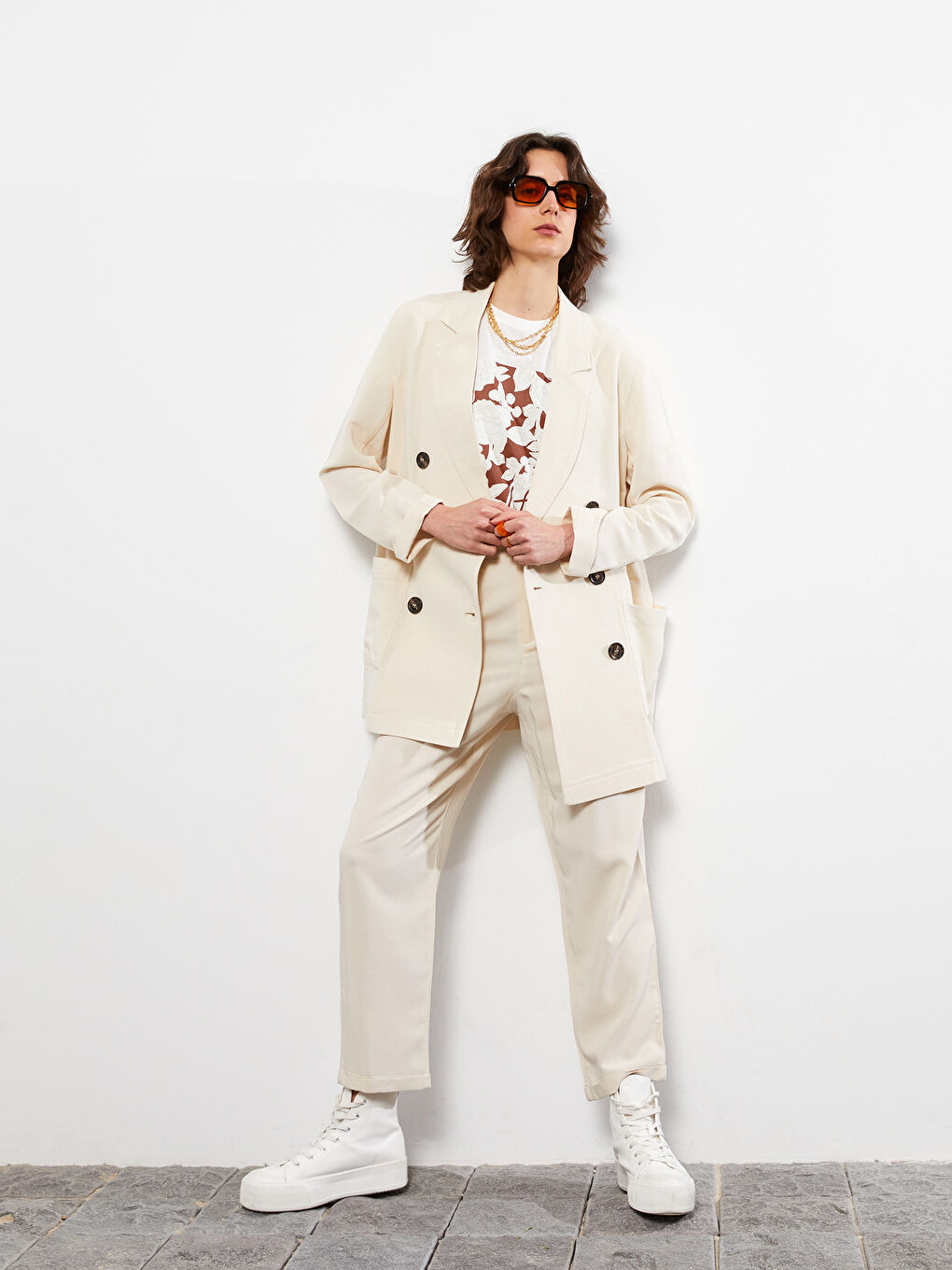 LC Waikiki Front Button Closure Straight Long Sleeve Linen Women's Blazer Jacket -S2HD52Z8-FWM