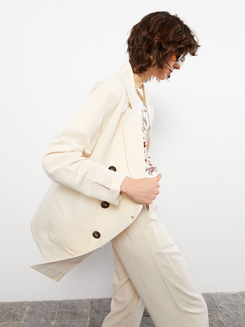 LC Waikiki Front Button Closure Straight Long Sleeve Linen Women's Blazer Jacket -S2HD52Z8-FWM
