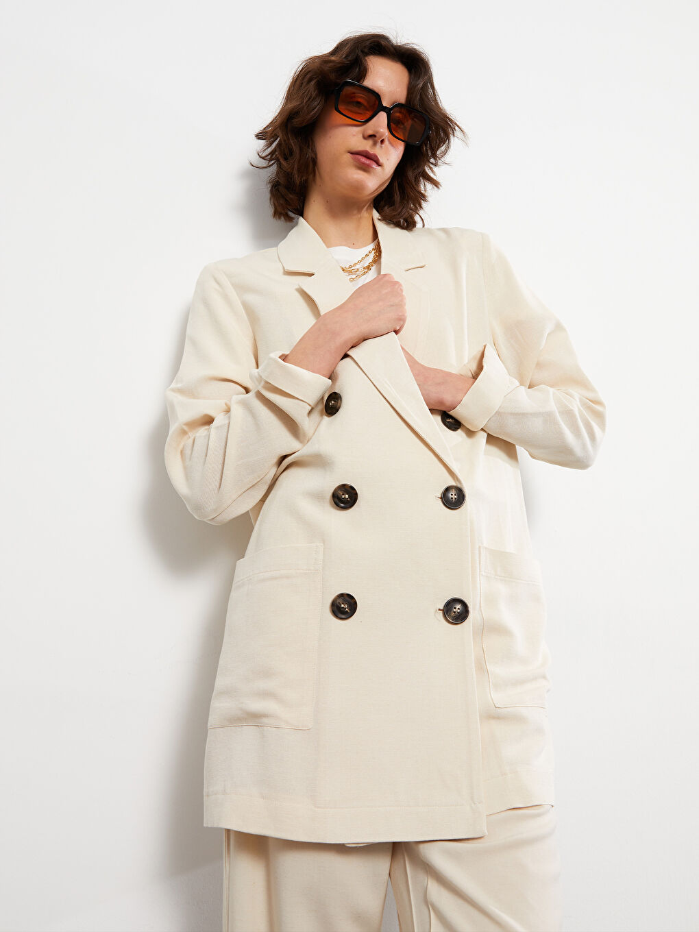 LC Waikiki Front Button Closure Straight Long Sleeve Linen Women's Blazer Jacket -S2HD52Z8-FWM