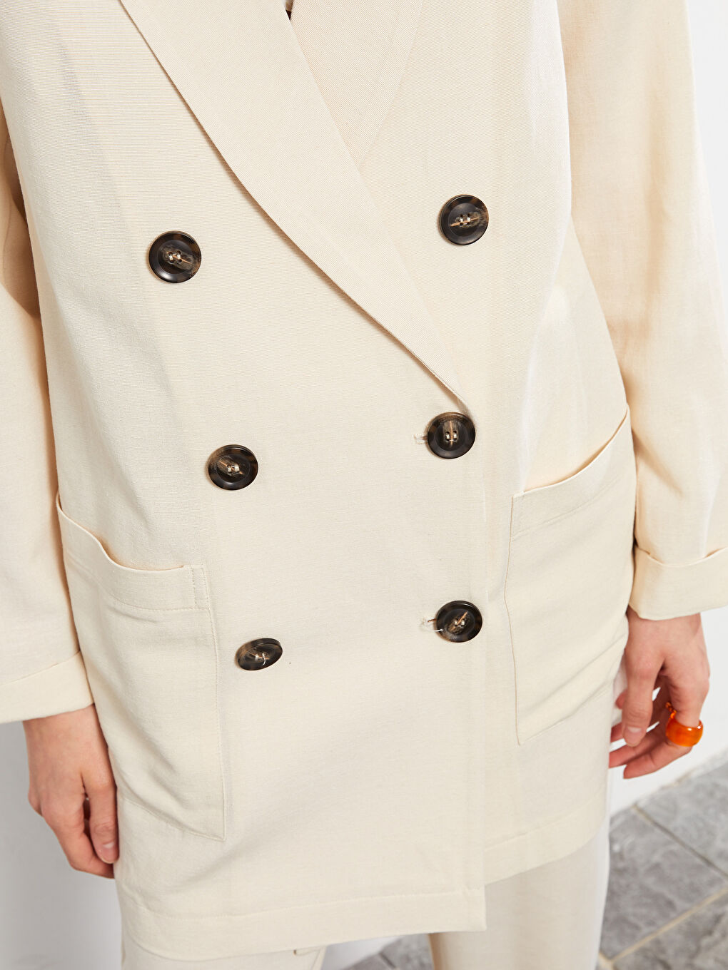 LC Waikiki Front Button Closure Straight Long Sleeve Linen Women's Blazer Jacket -S2HD52Z8-FWM