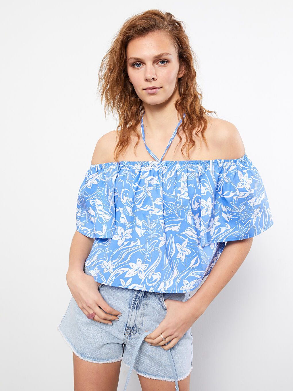 Mavi Kayık Yaka Desenli Kısa Kollu Poplin Kadın Bluz-2