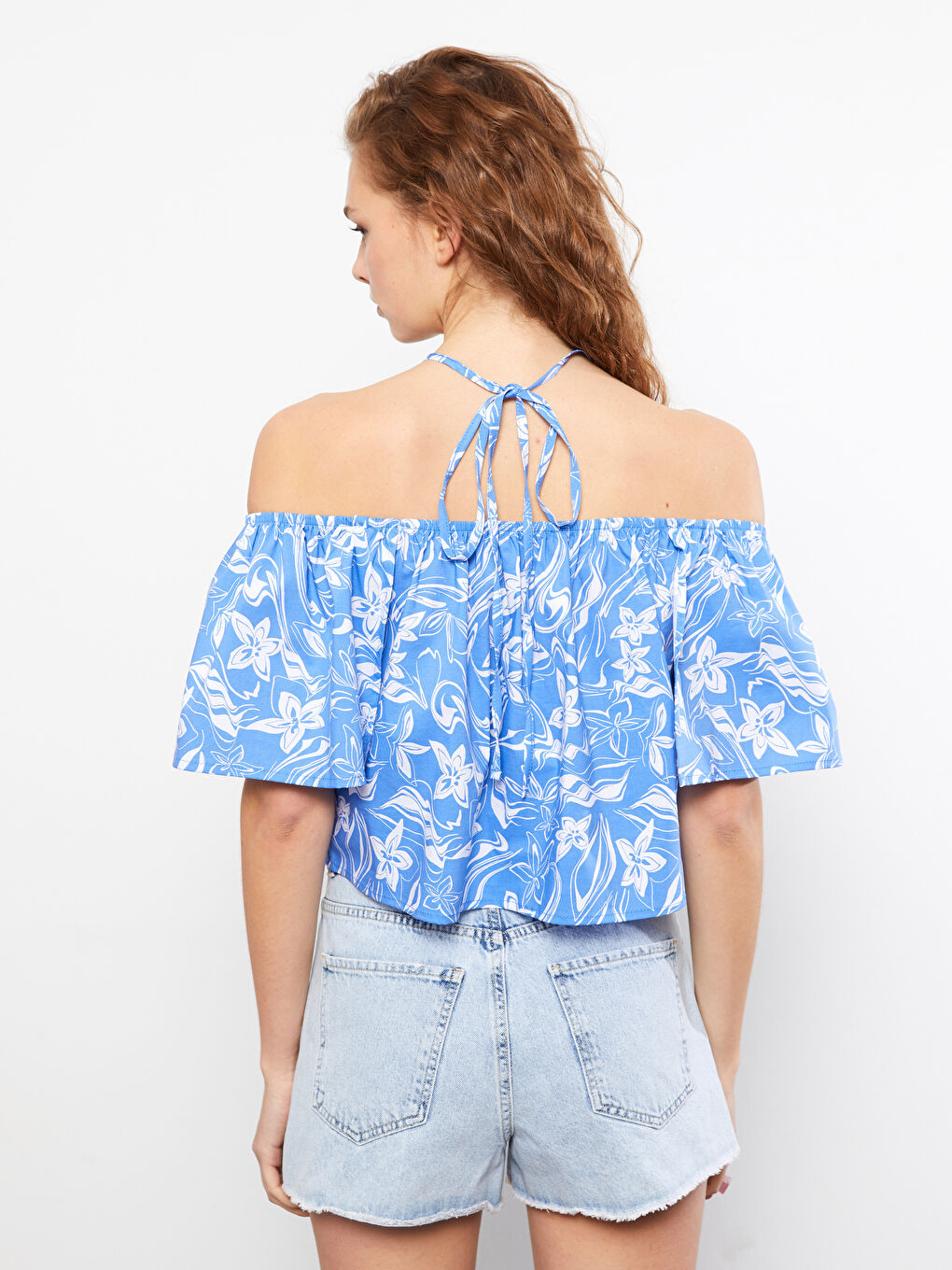 Mavi Kayık Yaka Desenli Kısa Kollu Poplin Kadın Bluz-4