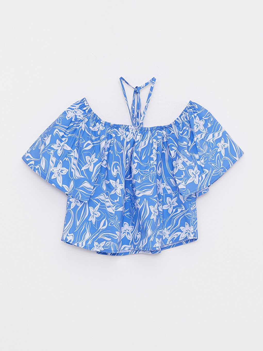 Mavi Kayık Yaka Desenli Kısa Kollu Poplin Kadın Bluz-5