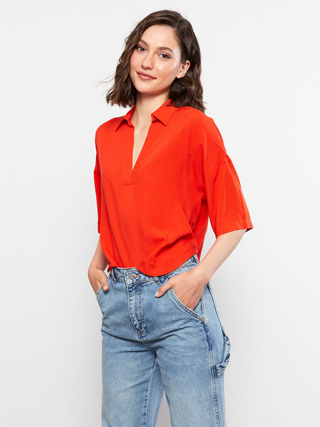 Shirt Collar Plain Viscose Women's Blouse-2