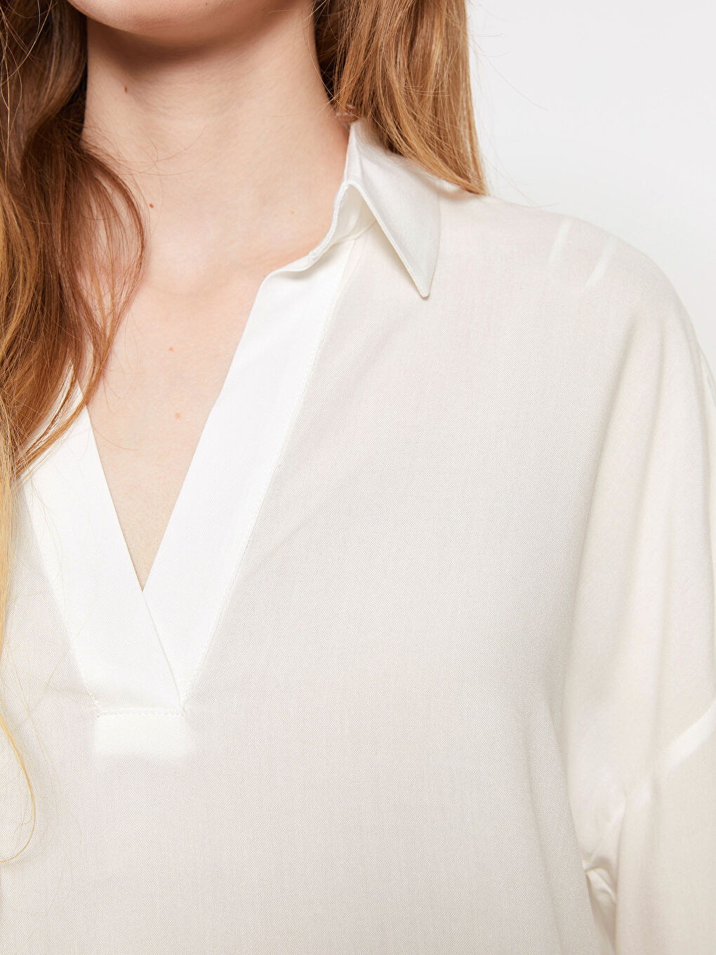 Beyaz Gömlek Yaka Düz Viskon Kadın Bluz-2