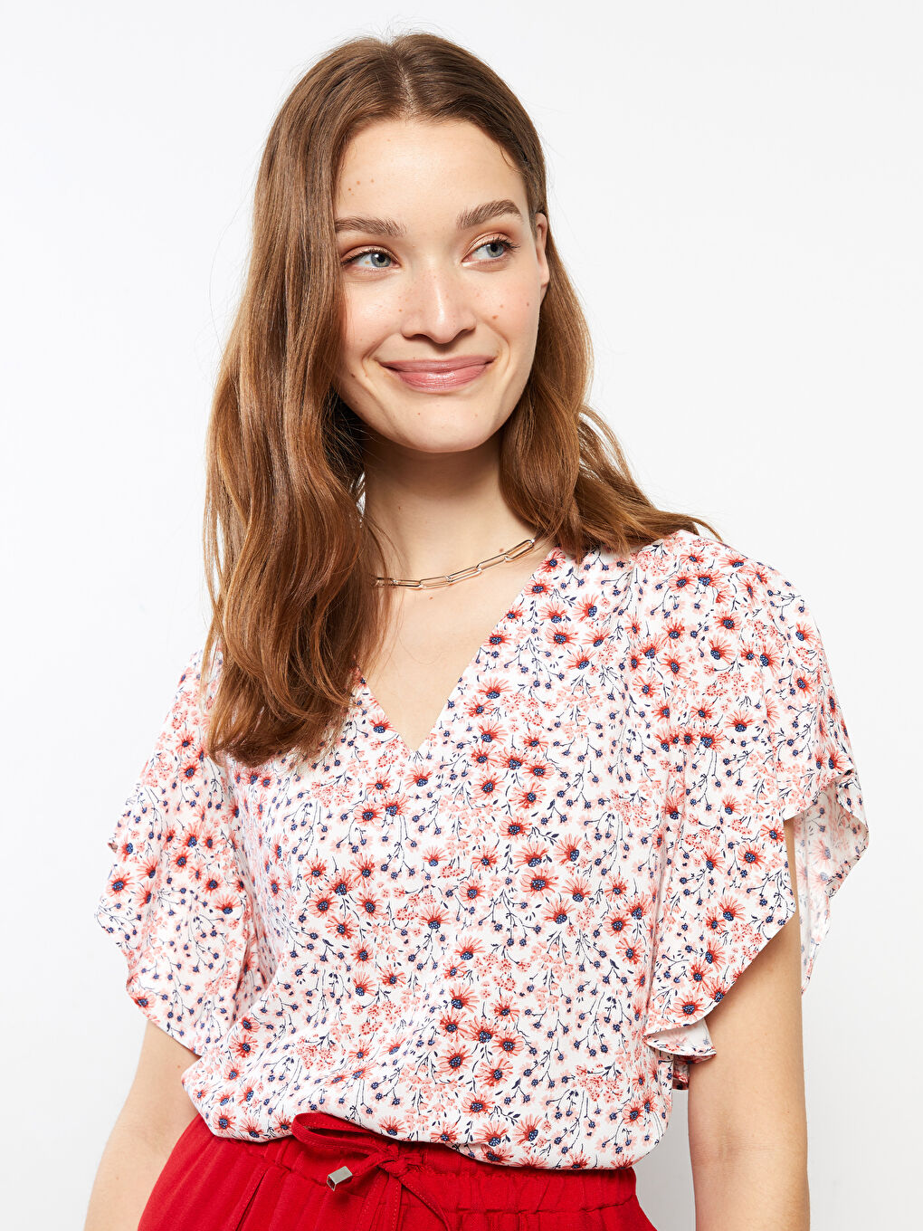 V-Neck Floral Short Sleeve Viscose Women's Blouse