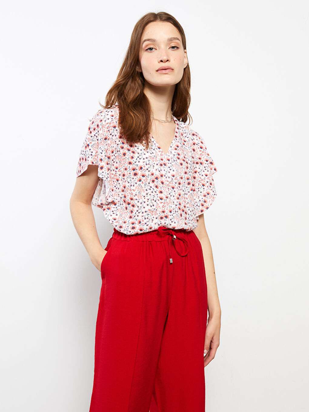 V-Neck Floral Short Sleeve Viscose Women's Blouse-1