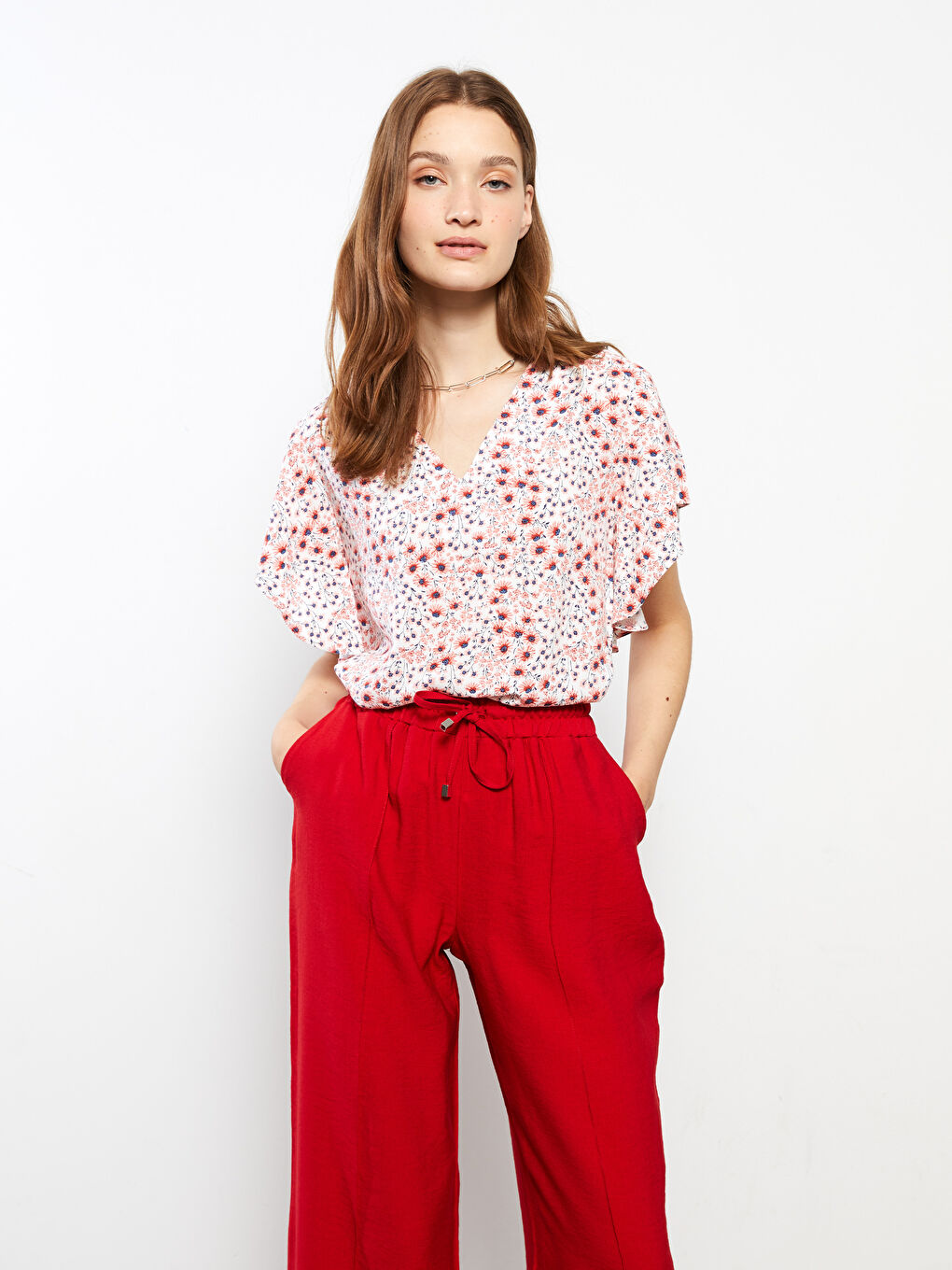 V-Neck Floral Short Sleeve Viscose Women's Blouse-2