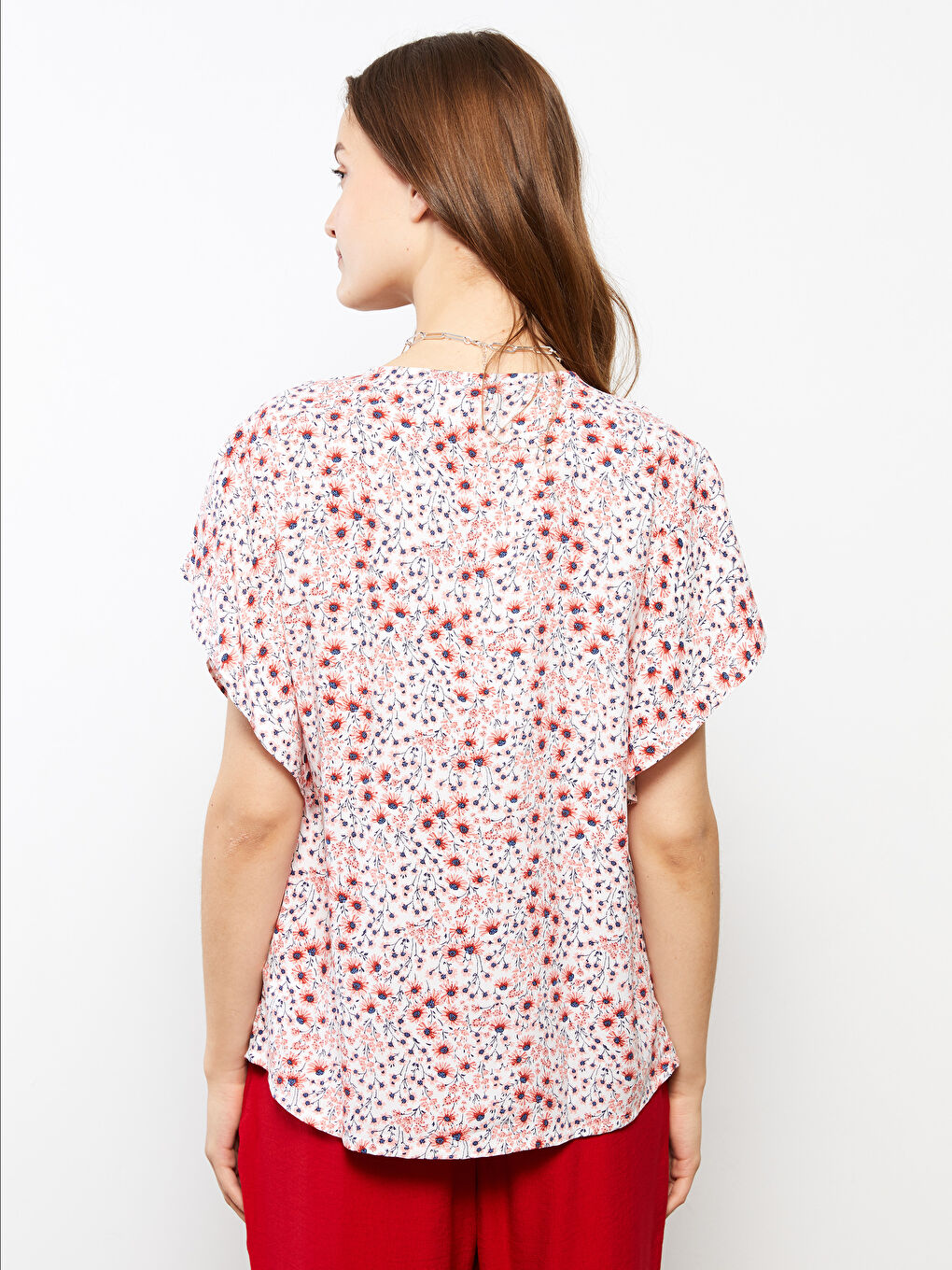 V-Neck Floral Short Sleeve Viscose Women's Blouse-5
