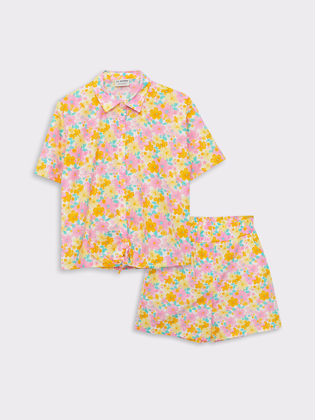 Shirt Collar Patterned Short Sleeve Poplin Girls Shirts and Shorts