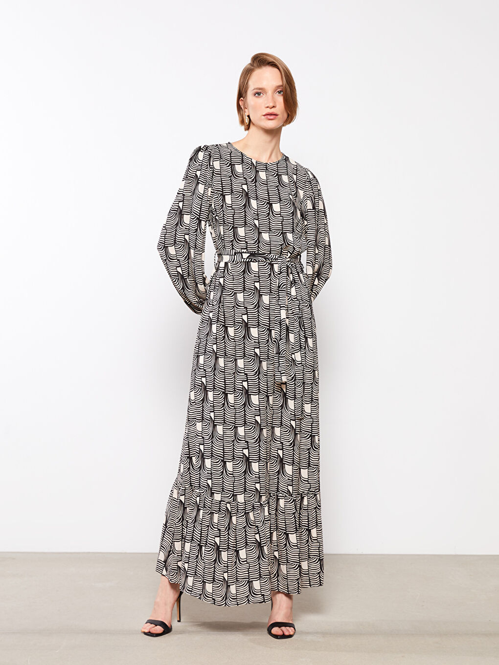 Crew Neck Patterned Long Sleeve A Cut Viscose Women's Dress
