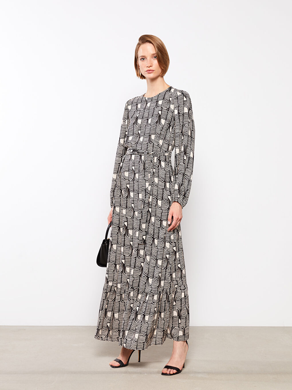 Crew Neck Patterned Long Sleeve A Cut Viscose Women's Dress-1