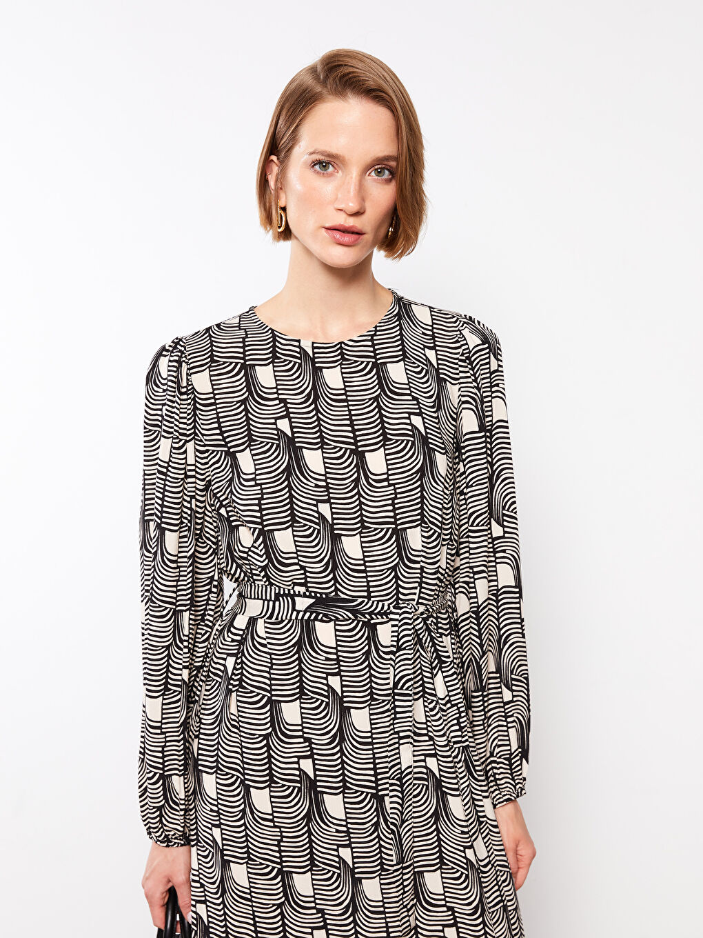 Crew Neck Patterned Long Sleeve A Cut Viscose Women's Dress-2
