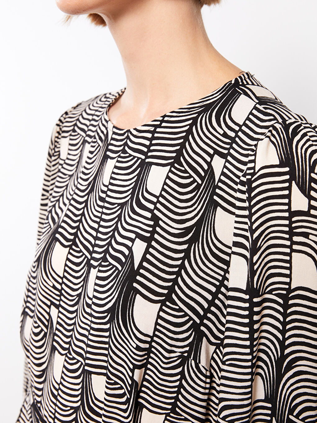 Crew Neck Patterned Long Sleeve A Cut Viscose Women's Dress-3