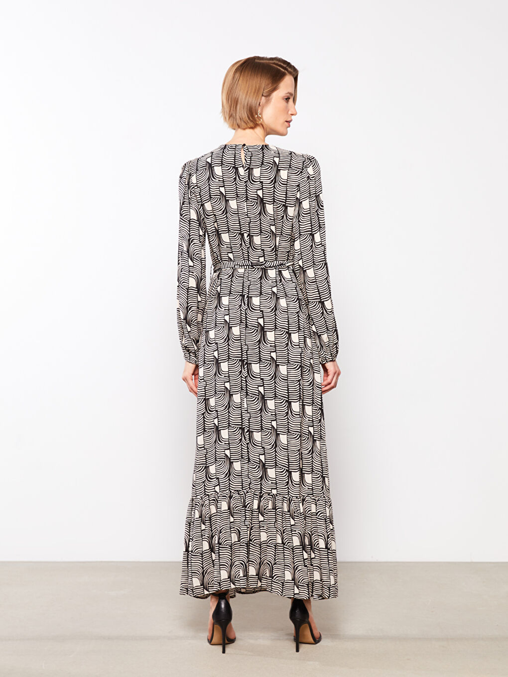 Crew Neck Patterned Long Sleeve A Cut Viscose Women's Dress-4