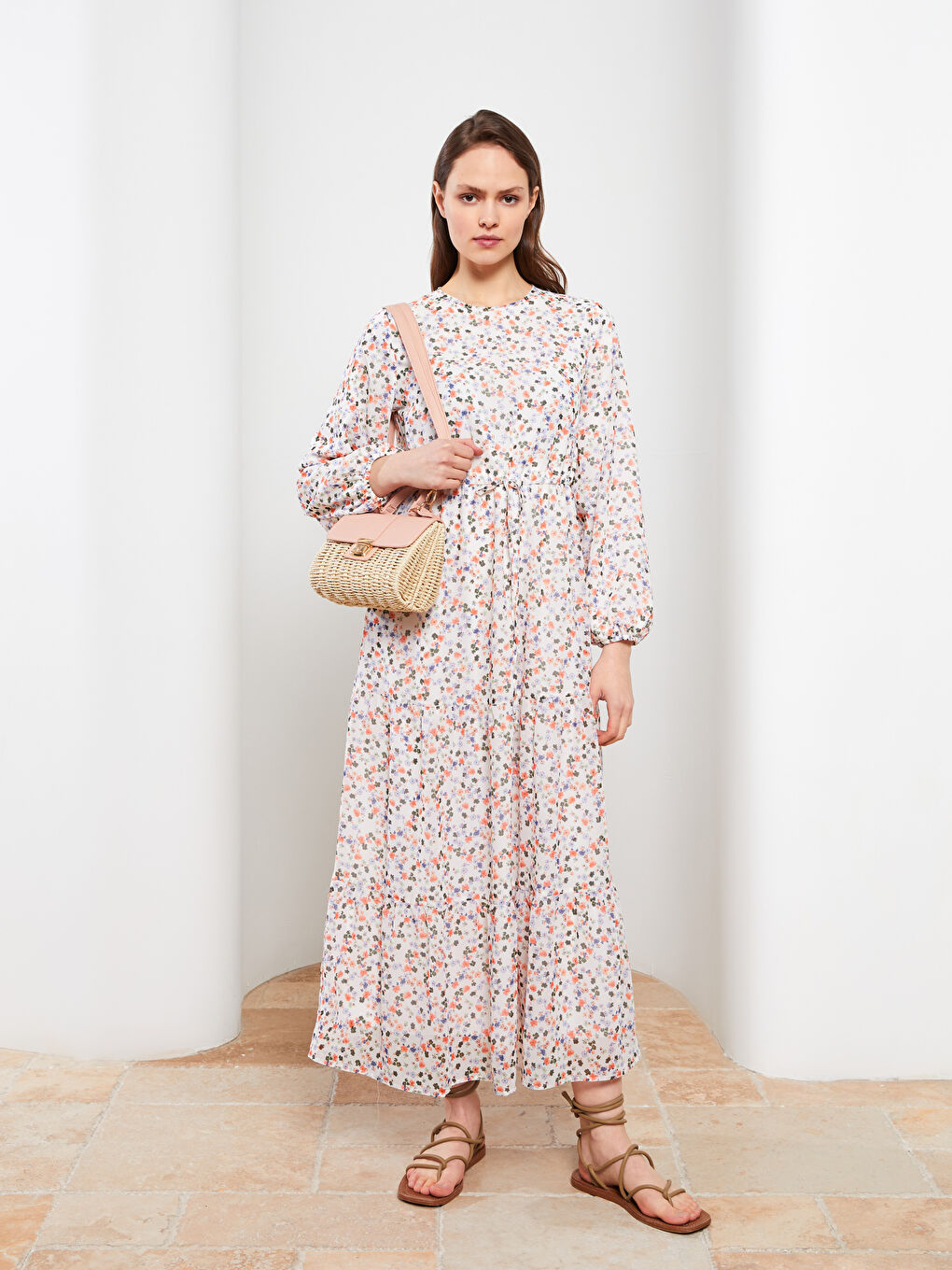 Crew Neck Floral Long Sleeve Chiffon Women's Dress