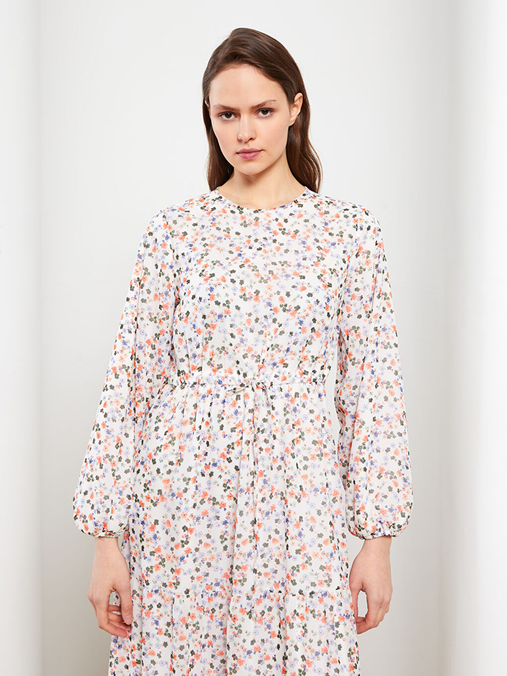 Crew Neck Floral Long Sleeve Chiffon Women's Dress-2