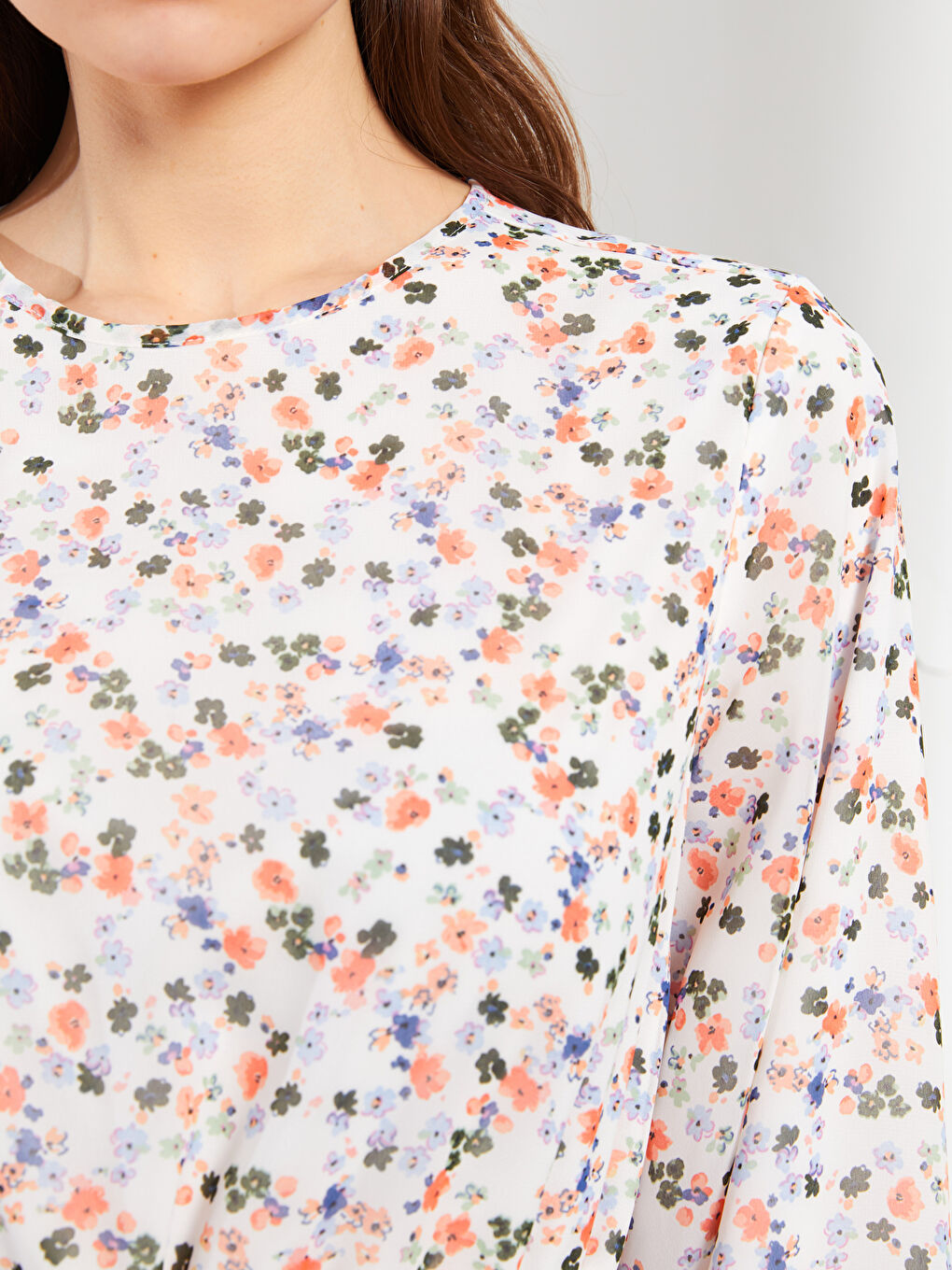 Crew Neck Floral Long Sleeve Chiffon Women's Dress-3