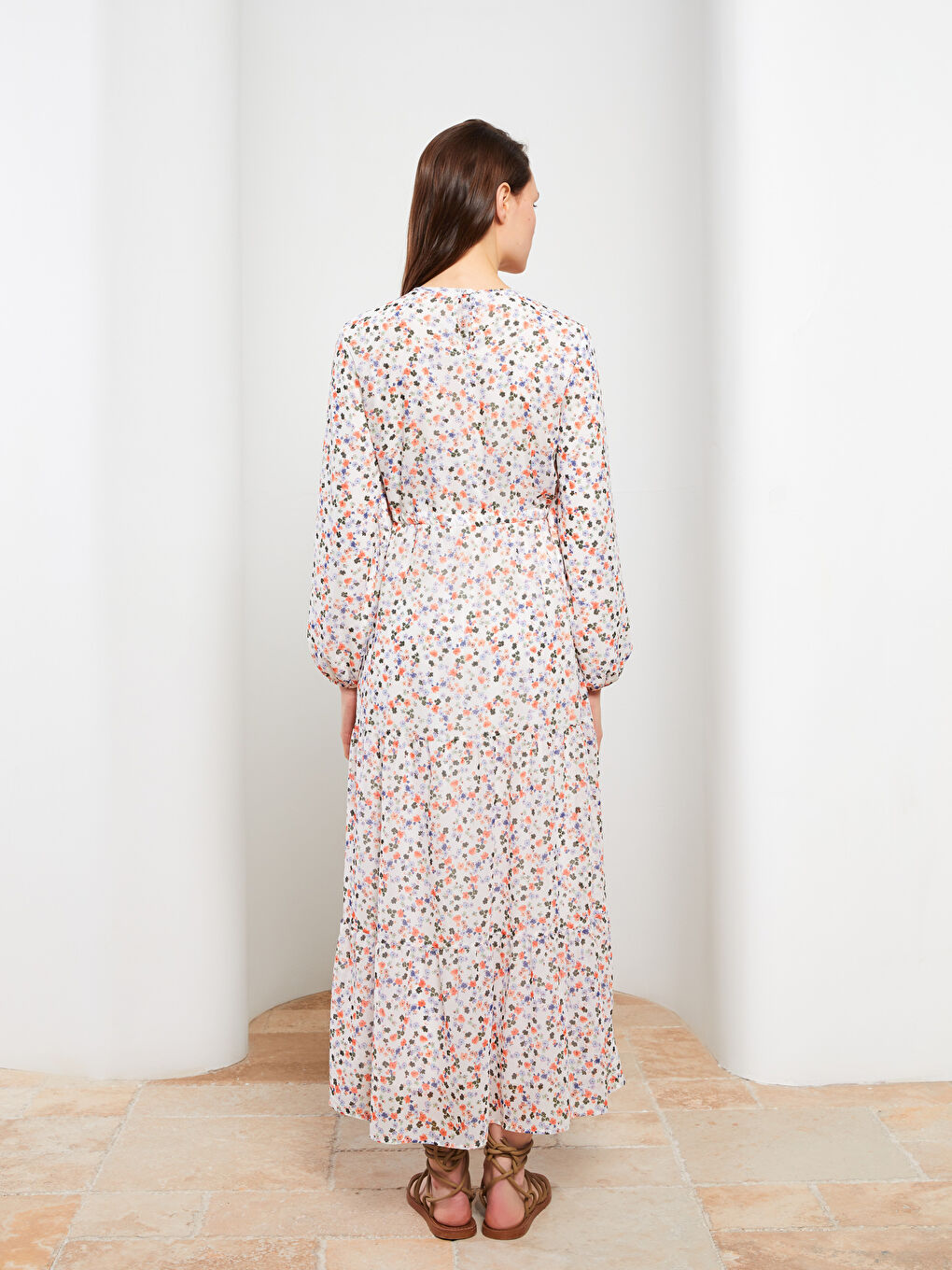 Crew Neck Floral Long Sleeve Chiffon Women's Dress-4