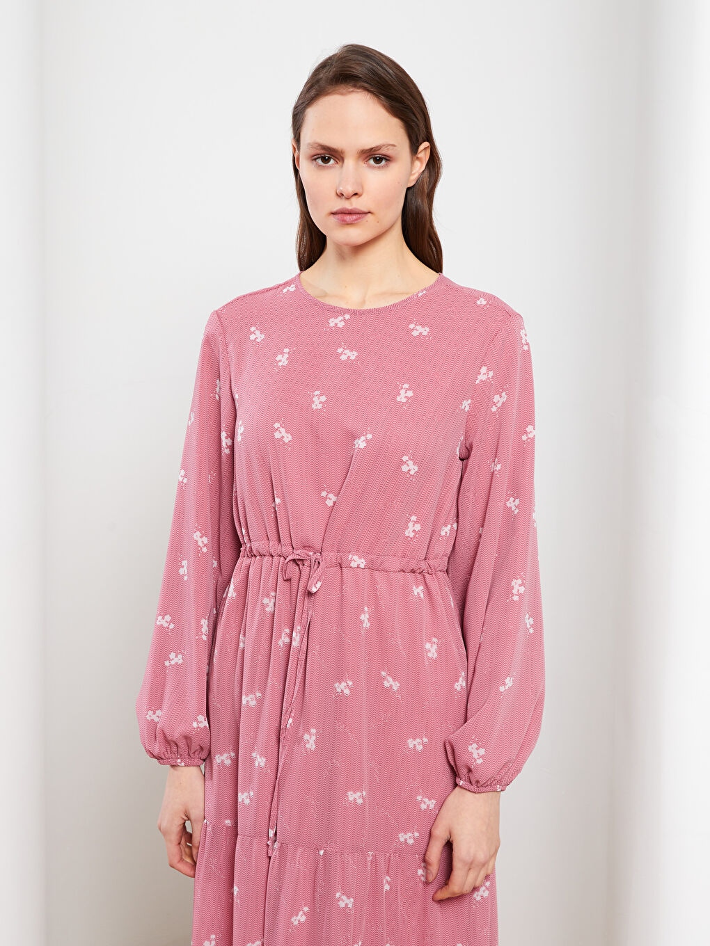 Crew Neck Patterned Long Sleeve Chiffon Women's Dress-1