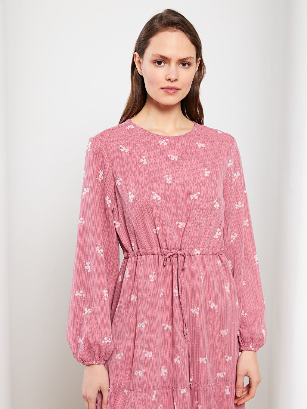 Crew Neck Patterned Long Sleeve Chiffon Women's Dress-2