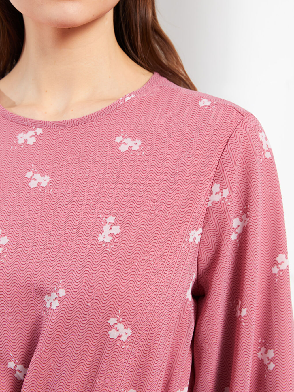 Crew Neck Patterned Long Sleeve Chiffon Women's Dress-3