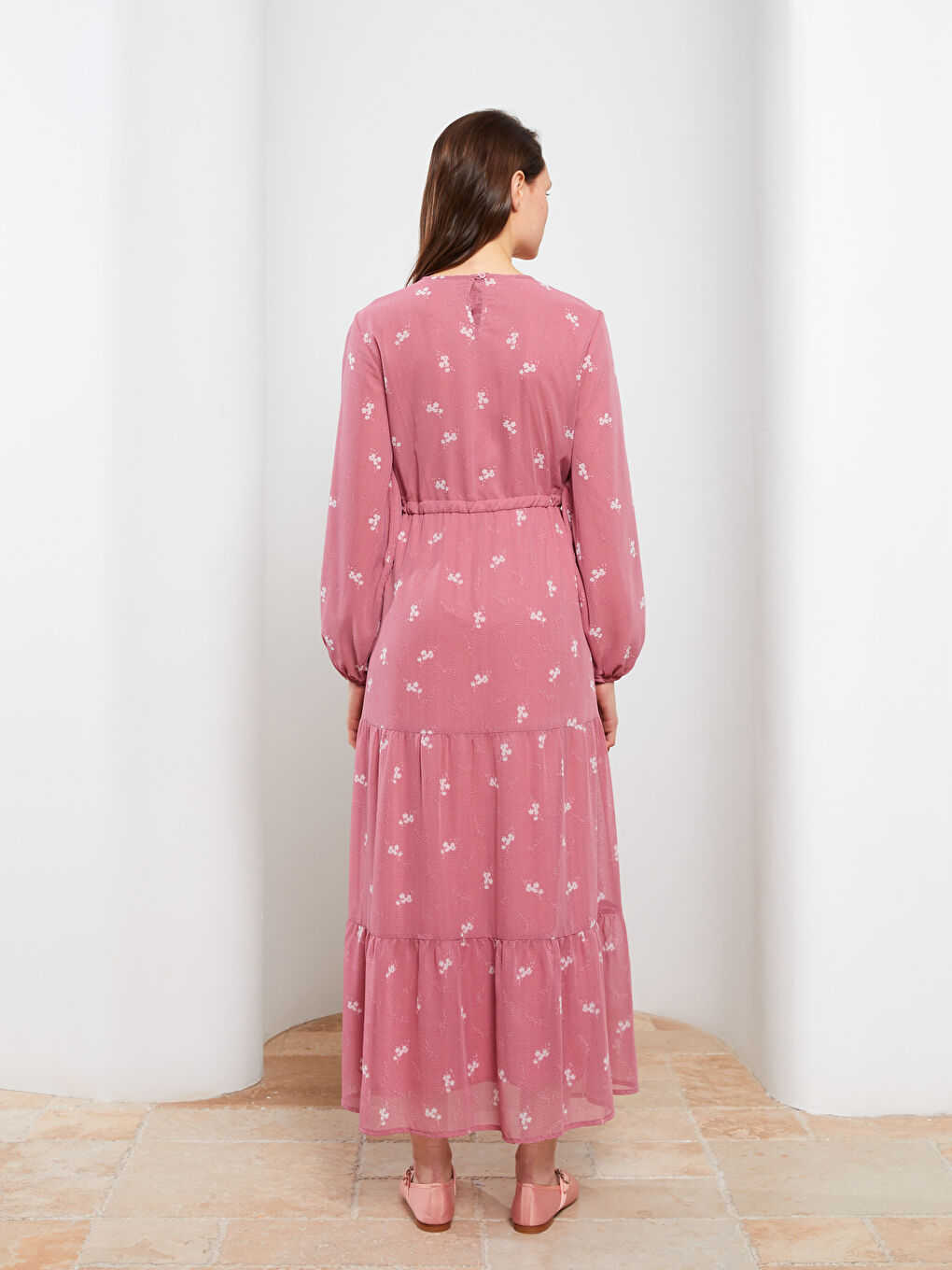 Crew Neck Patterned Long Sleeve Chiffon Women's Dress-4