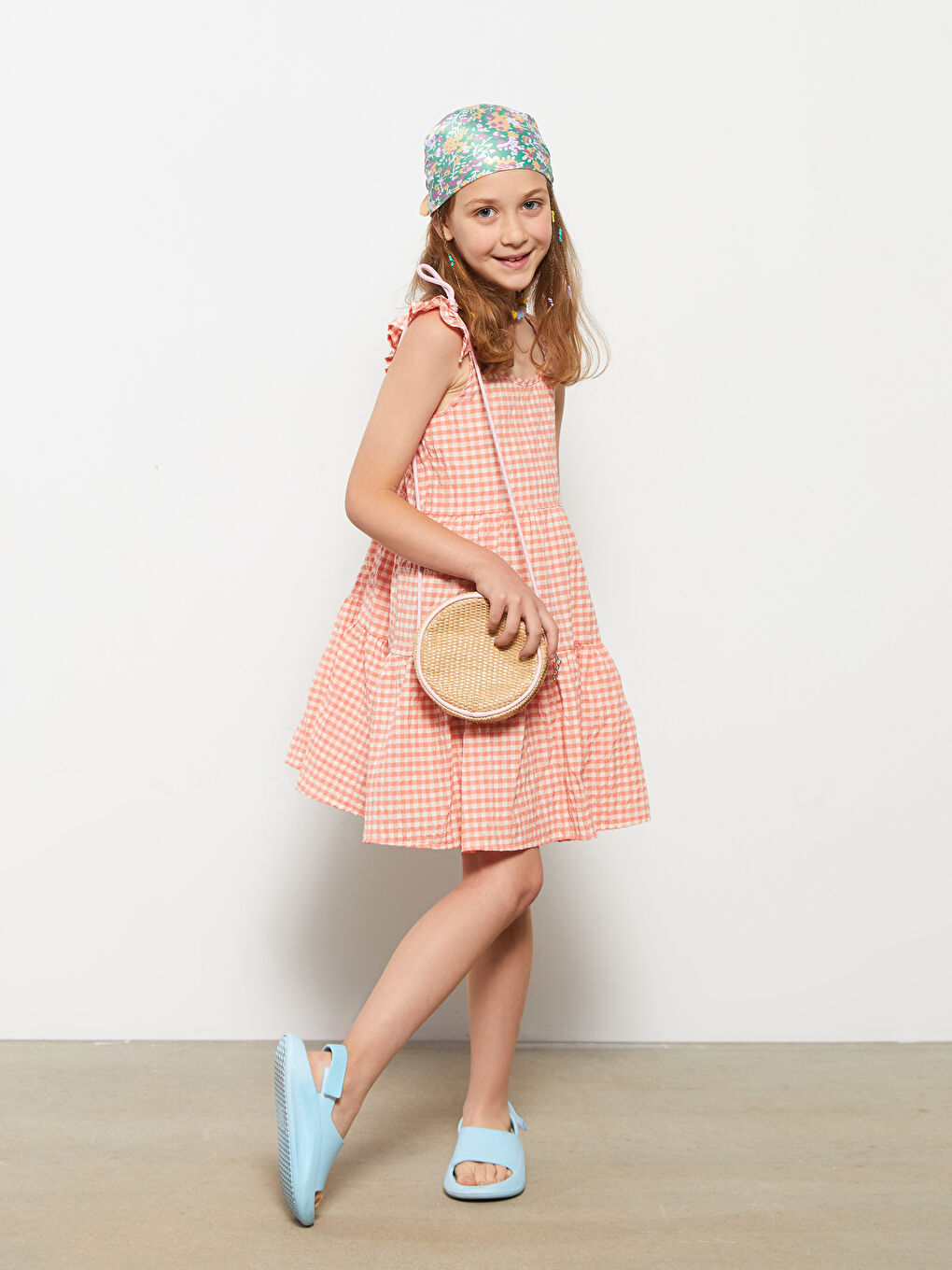 Rundhalsausschnitt Karo Kleid für Mädchen-1