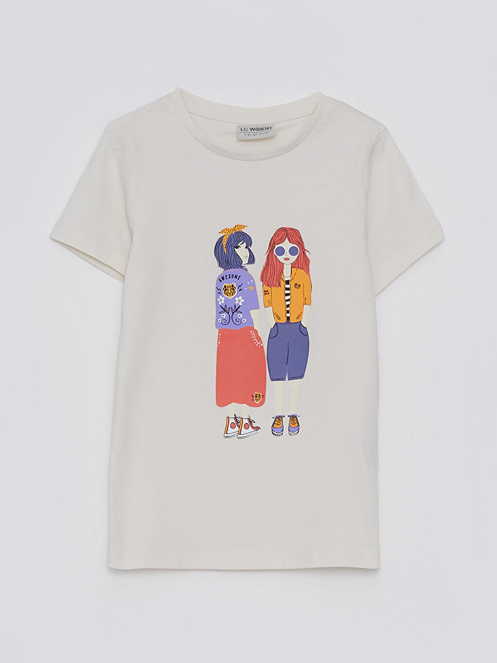 Ekru Bisiklet Yaka Baskılı Kısa Kollu Pamuklu Kız Çocuk Tişört