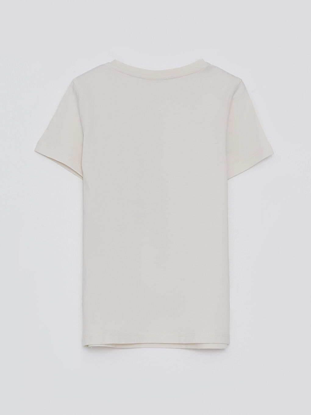 Ekru Bisiklet Yaka Baskılı Kısa Kollu Pamuklu Kız Çocuk Tişört-1
