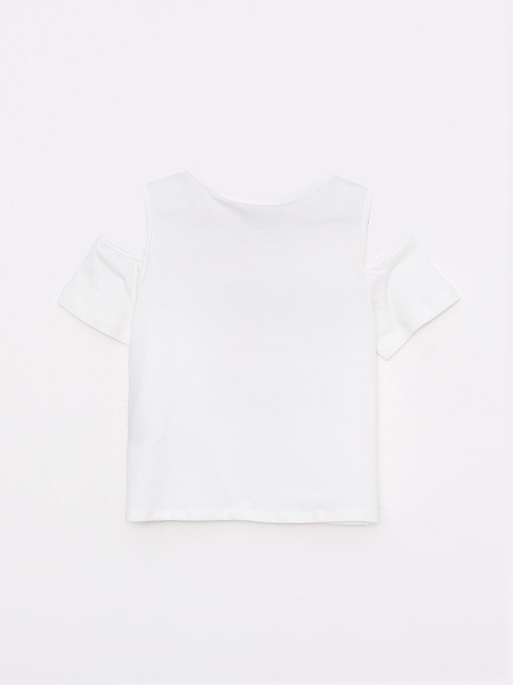 Ekru Bisiklet Yaka Baskılı Pul İşlemeli Kısa Kollu Pamuklu Kız Çocuk Tişört-1