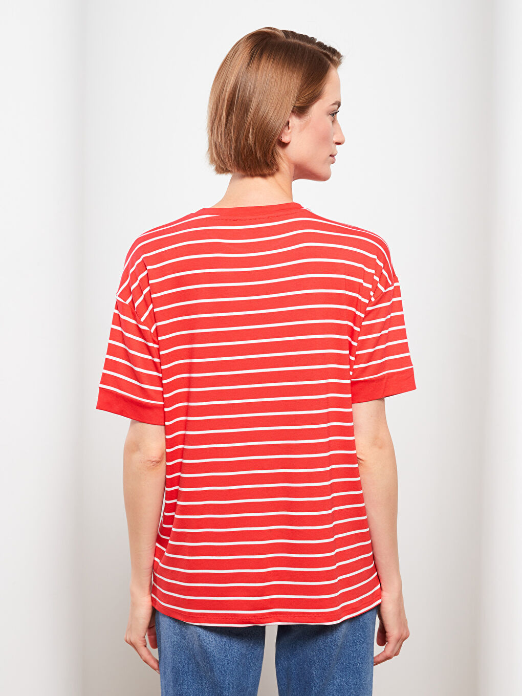 Футболка с круглым вырезом, полосатая, с коротким рукавом для женщин-4