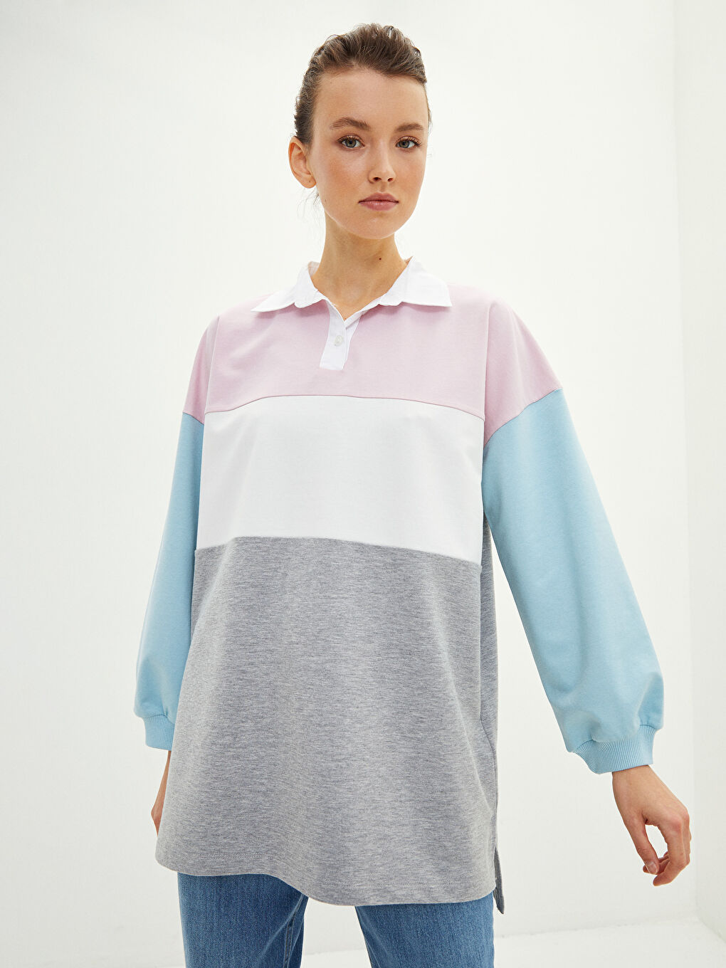 Polo Collar Color Block Long Sleeve Oversize Women's Sweatshirt Tunic