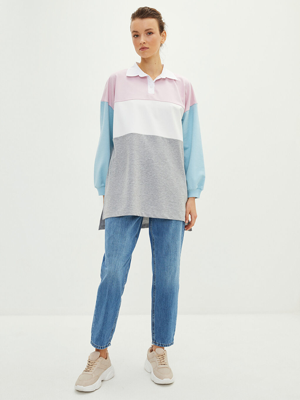 Polo Collar Color Block Long Sleeve Oversize Women's Sweatshirt Tunic-1