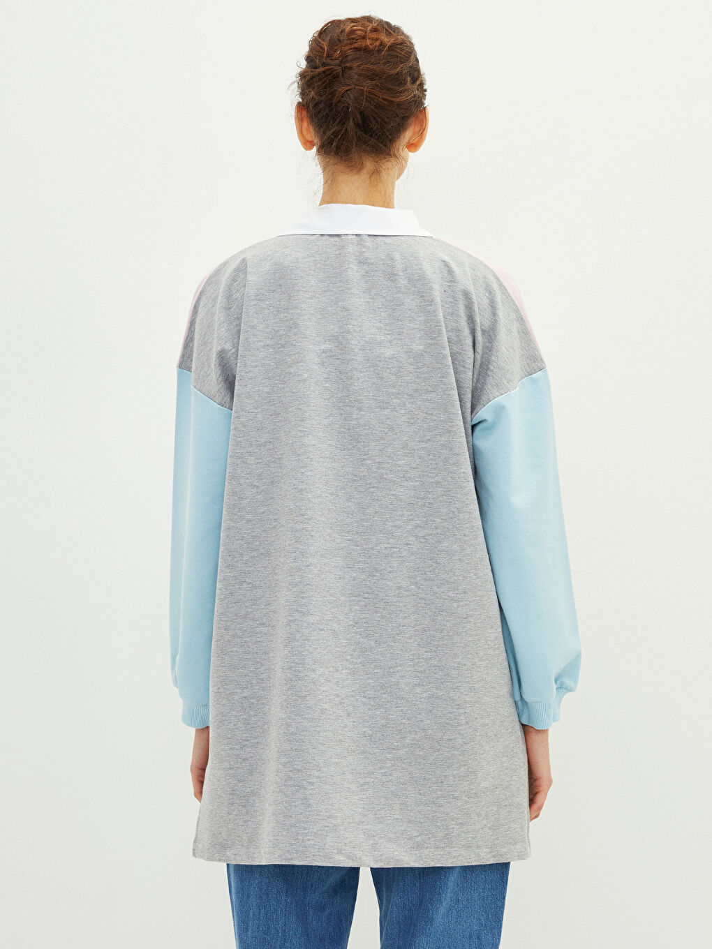 Polo Collar Color Block Long Sleeve Oversize Women's Sweatshirt Tunic-3