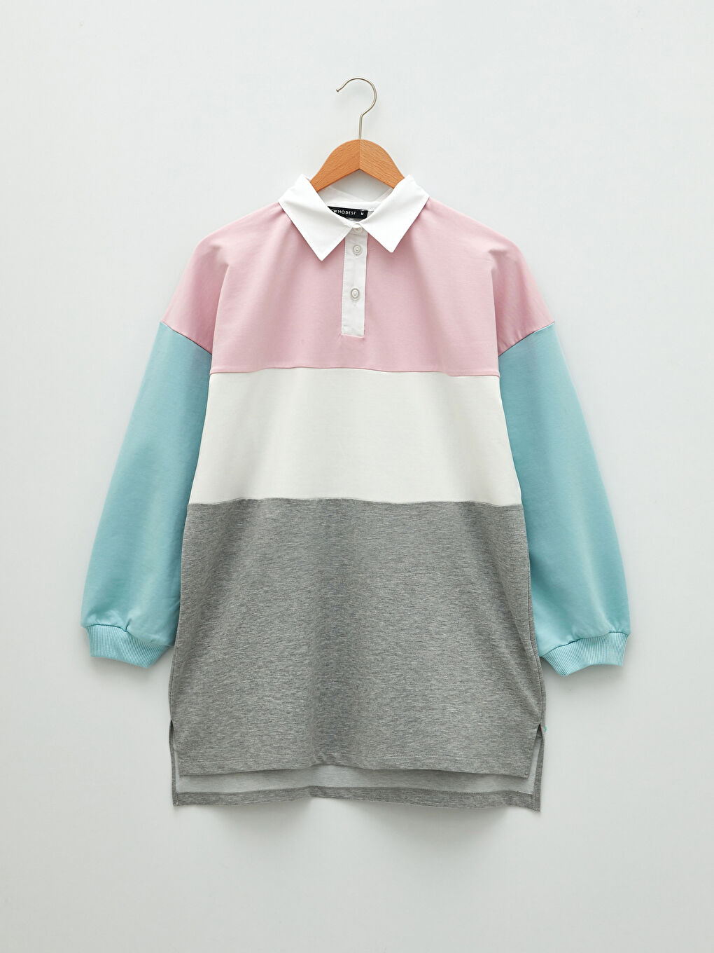 Polo Collar Color Block Long Sleeve Oversize Women's Sweatshirt Tunic-4