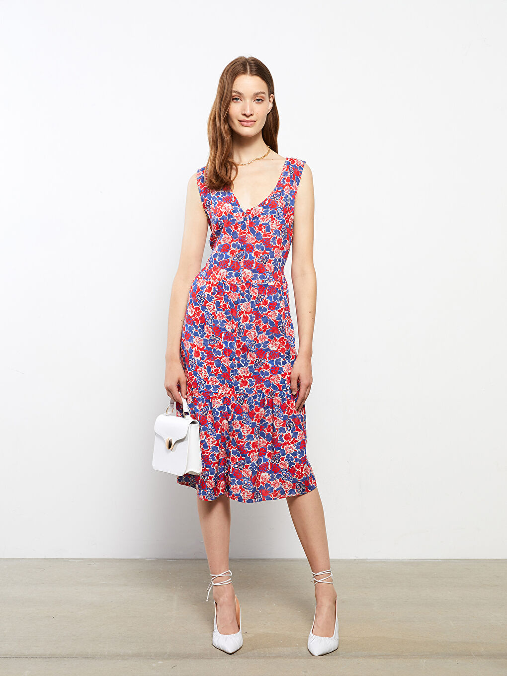 فستان نسائي بدون أكمام مطبوع بياقة على شكل حرف V من فيسكوز-1