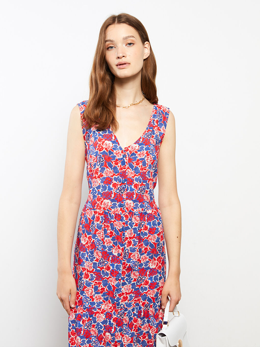 فستان نسائي بدون أكمام مطبوع بياقة على شكل حرف V من فيسكوز-2