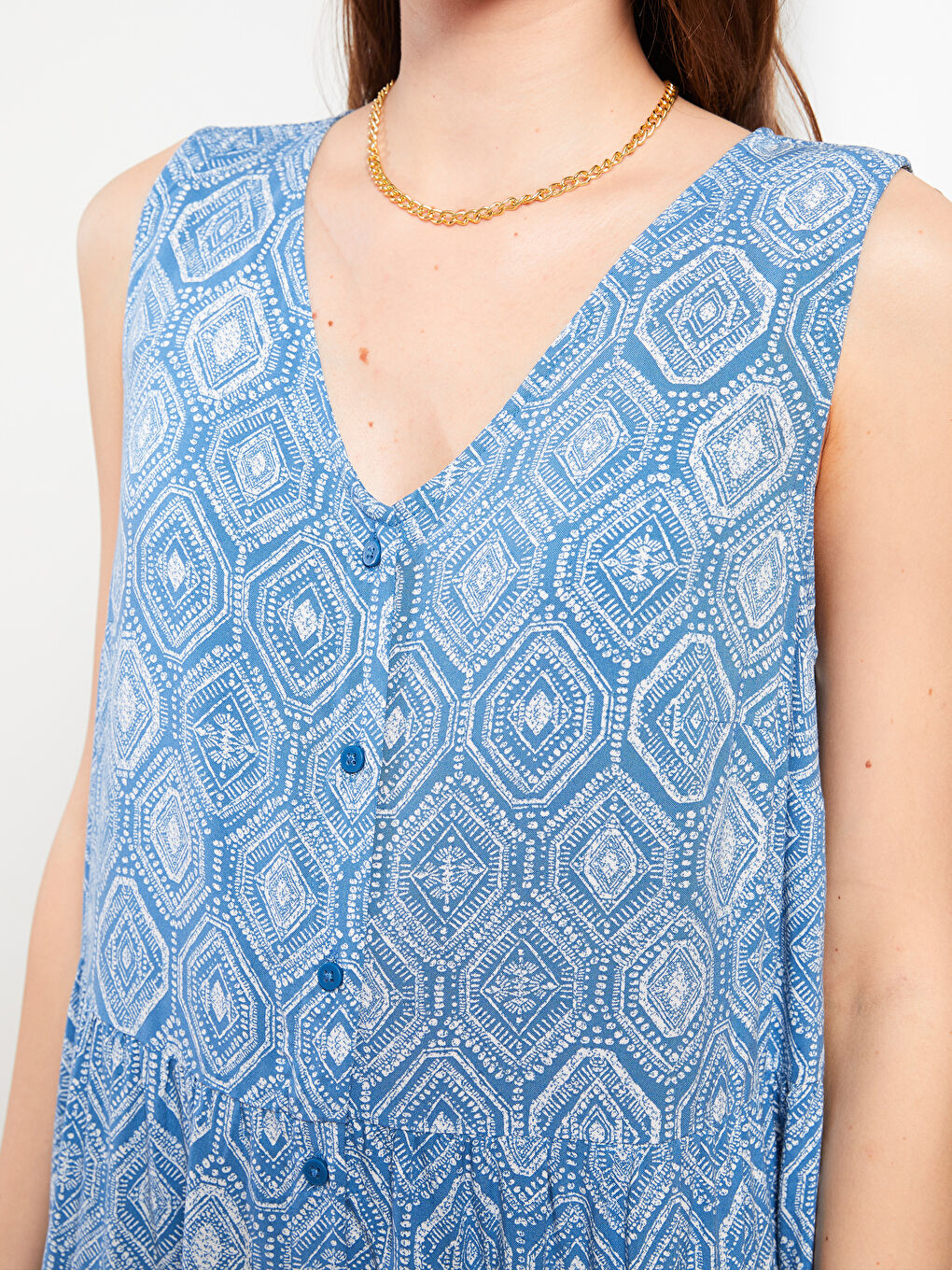 فستان نسائي بدون أكمام مطبوع بياقة على شكل حرف V من فيسكوز-3