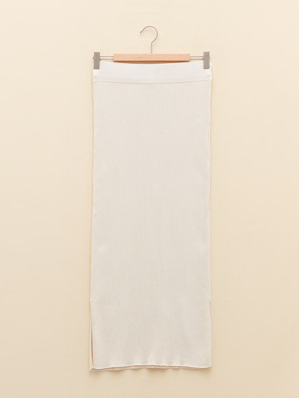Ekru Kadın Beli Lastikli Düz Triko Etek-6