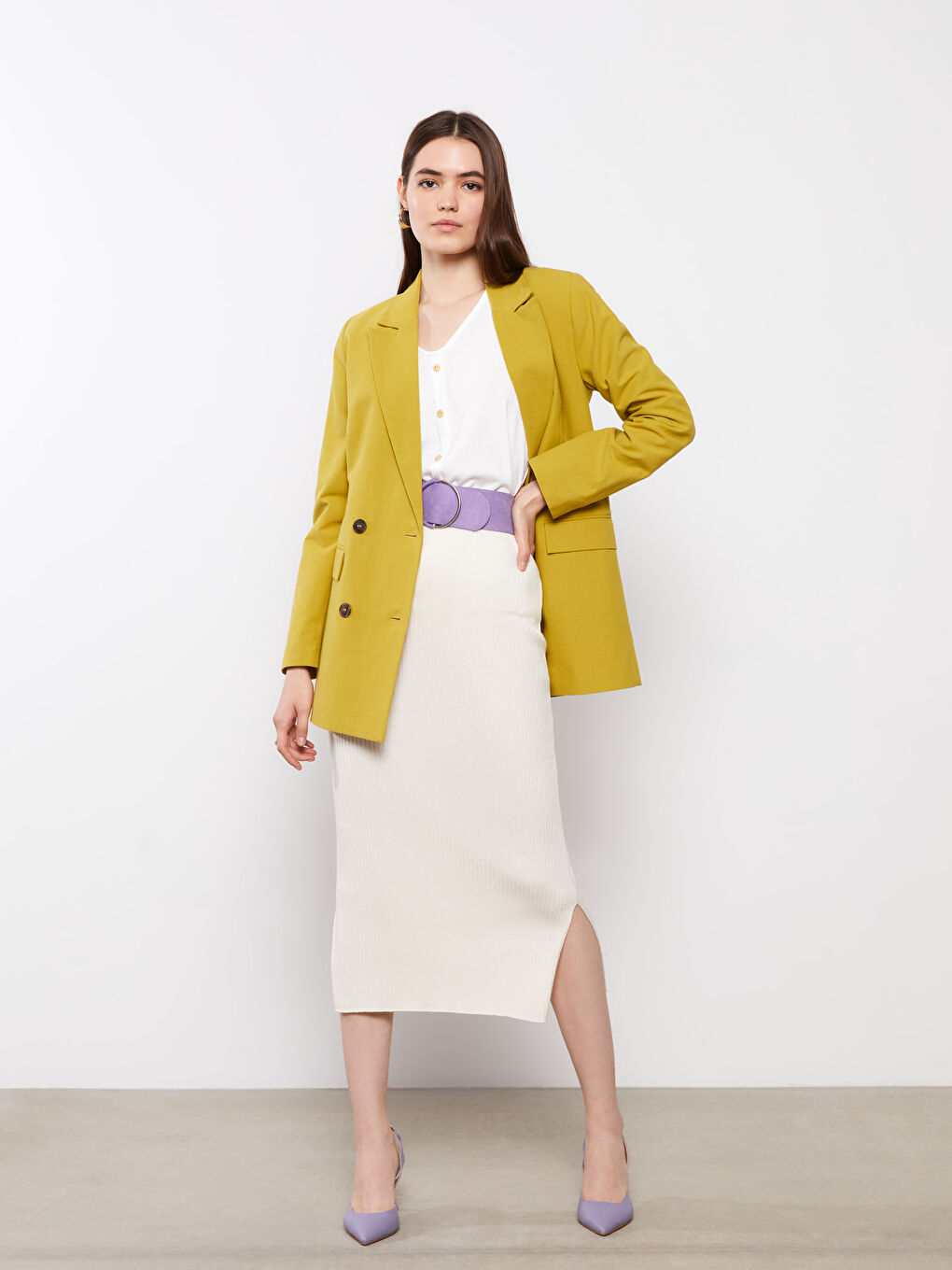 Ekru Kadın Beli Lastikli Düz Triko Etek