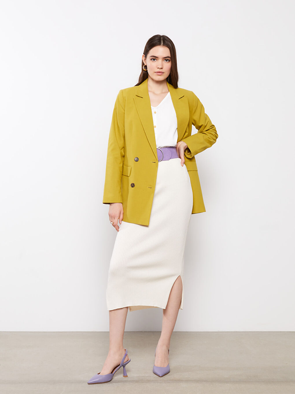 Ekru Kadın Beli Lastikli Düz Triko Etek-1